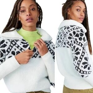 Anthropologie Pilcro Maia Faire Isle Quarter Zip Fleece Sweater Ivory Black L